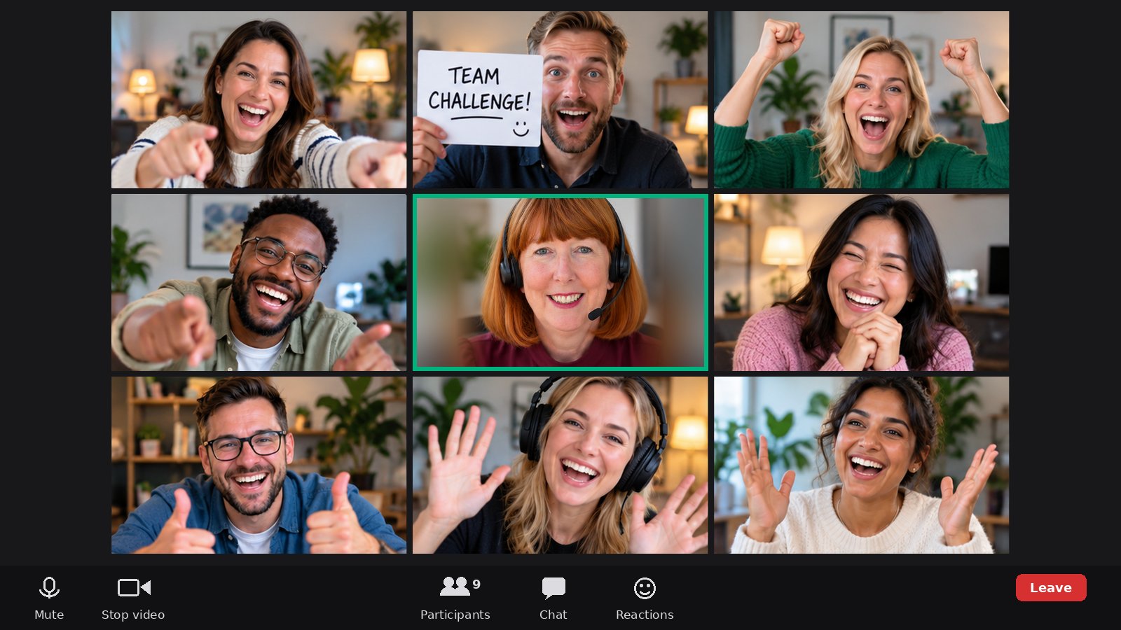 A video call with eight smiling team members around their host in a headset, framed in green, one player holding a sign saying Team challenge!